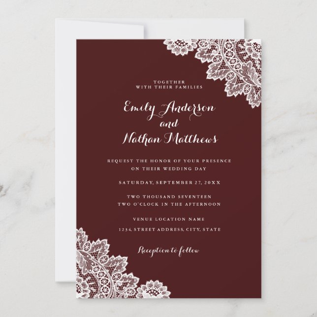 Faire invitation de mariage en dentelle rouge burg (Devant)