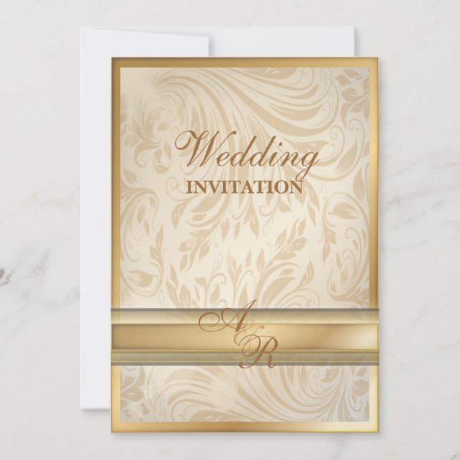 Faire invitation de mariage en or champagne damass (Devant)