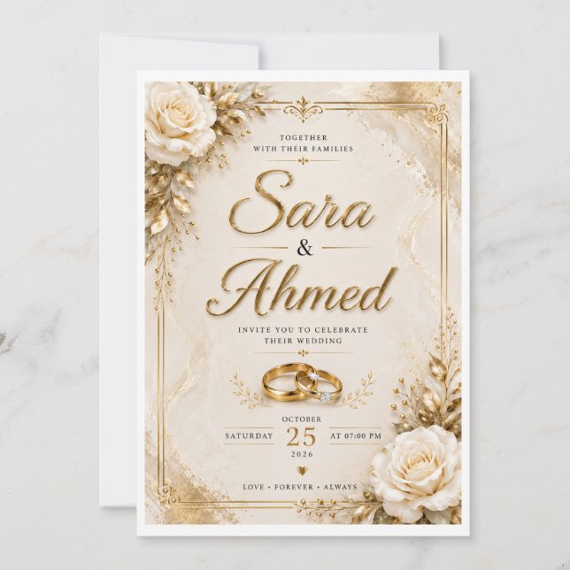 Faire invitation de mariage en or | Fleur classiqu (Devant)
