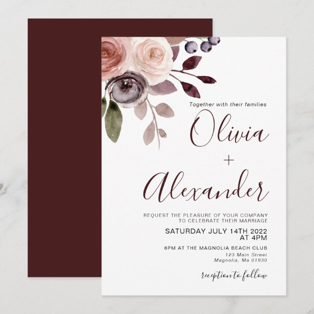 Faire invitation de mariage floral à l'aquarelle p (Devant / Derrière)