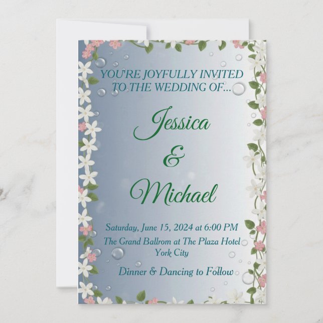 Faire invitation de mariage floral argent et bleu  (Devant)
