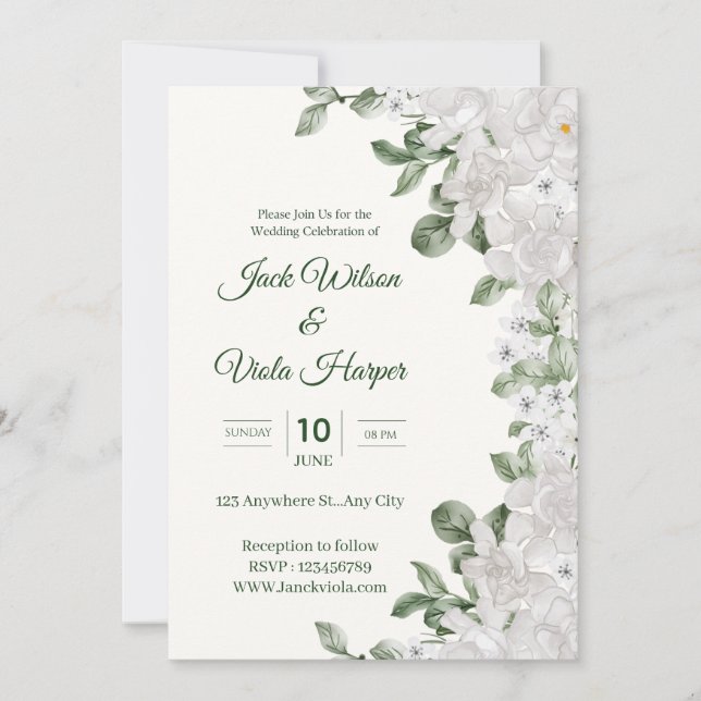 Faire invitation de mariage floral – Blanc & Vert  (Devant)