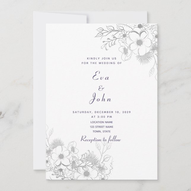 Faire invitation de mariage floral lavande (Devant)