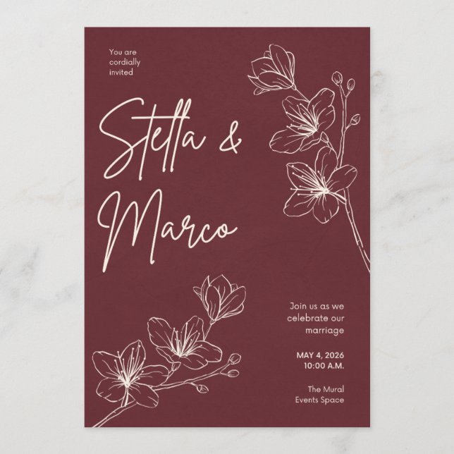Faire invitation de mariage floral – Marron profon (Devant)
