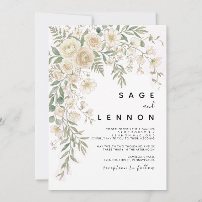 Faire invitation de mariage floral neutre (Devant)