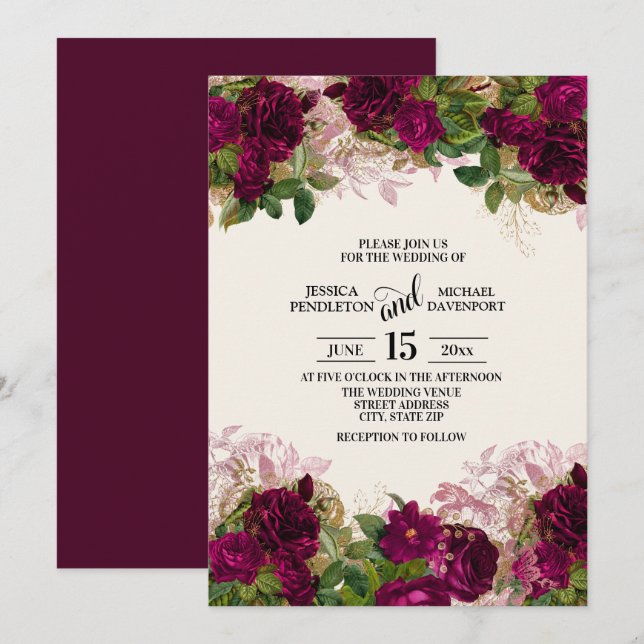 Faire invitation de mariage floral prune violet fo (Devant / Derrière)