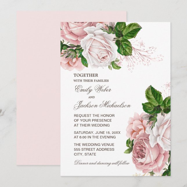 Faire invitation de mariage floral rose pâle éléga (Devant / Derrière)