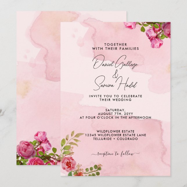 Faire invitation de mariage floral rose pâle éléga (Devant / Derrière)