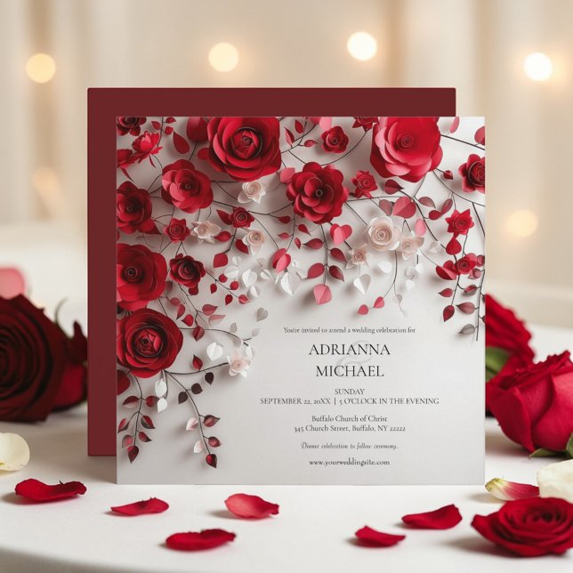 Faire invitation de mariage floral rose rouge élég (Créateur téléchargé)