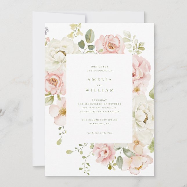 Faire invitation de mariage floral rose tendre (Devant)