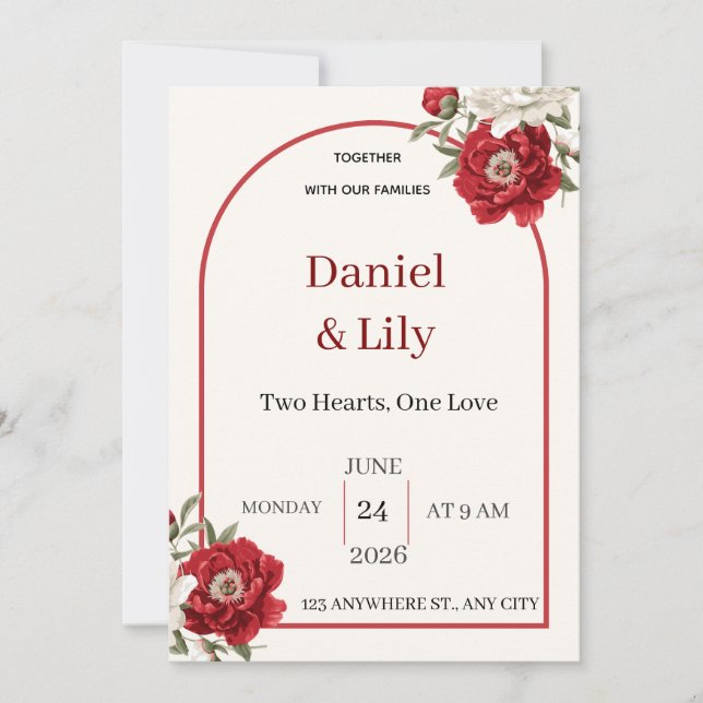 Faire invitation de mariage floral rouge élégant (Devant)