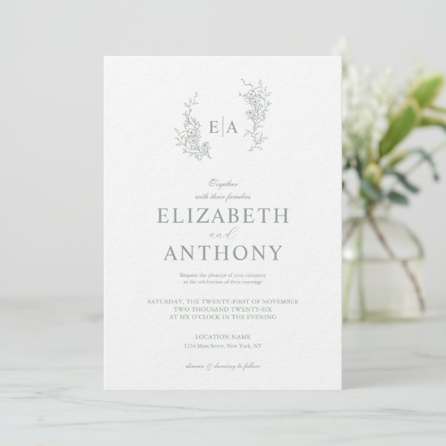 Faire invitation de mariage floral vert sauge simp (Debout devant)