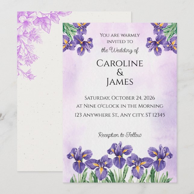 Faire invitation de mariage florale aquarelle Iris (Devant / Derrière)