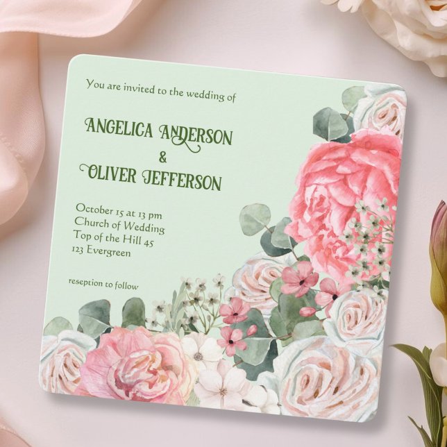Faire invitation de mariage florale aquarelle past (square invitation with rounded corner style)