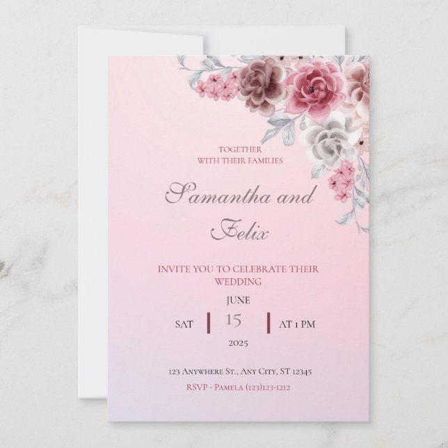 Faire invitation de mariage florale aquarelle rose (Devant)