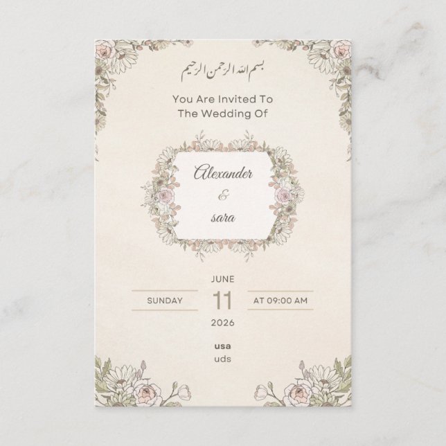Faire invitation de mariage florale – arabe & angl (Devant)