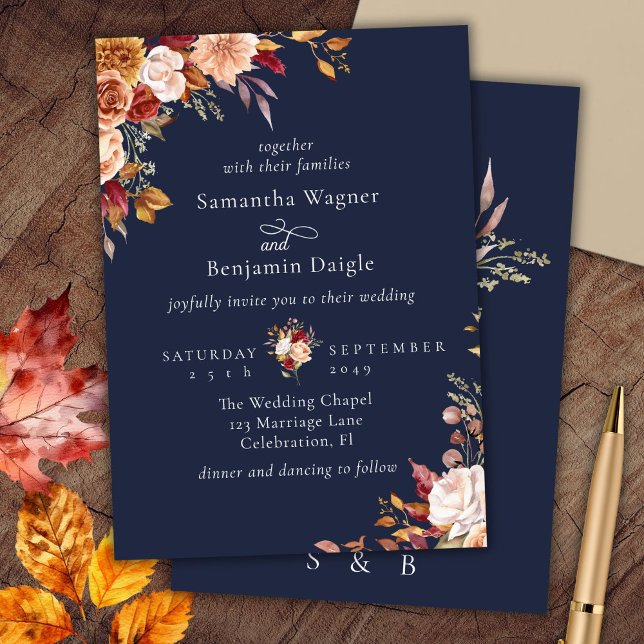 Faire invitation de mariage florale automnale bleu (Créateur téléchargé)