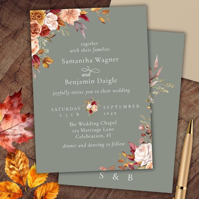 Faire invitation de mariage florale automnale vert (Créateur téléchargé)