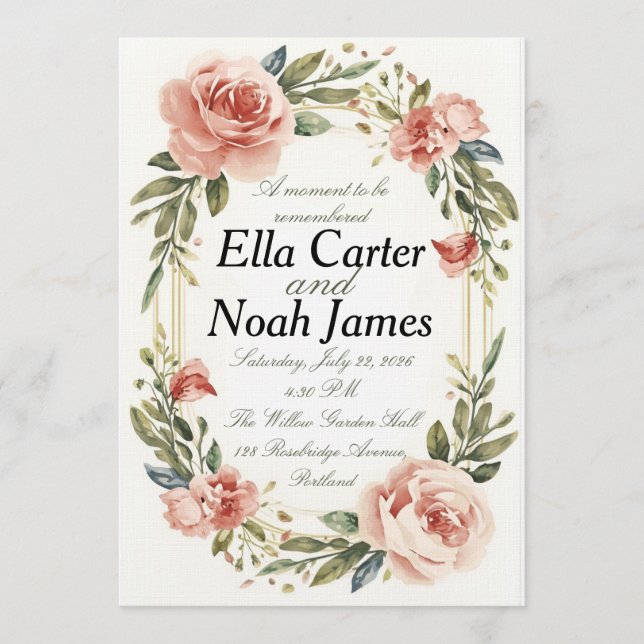 Faire invitation de mariage florale aux tons roses (Devant)