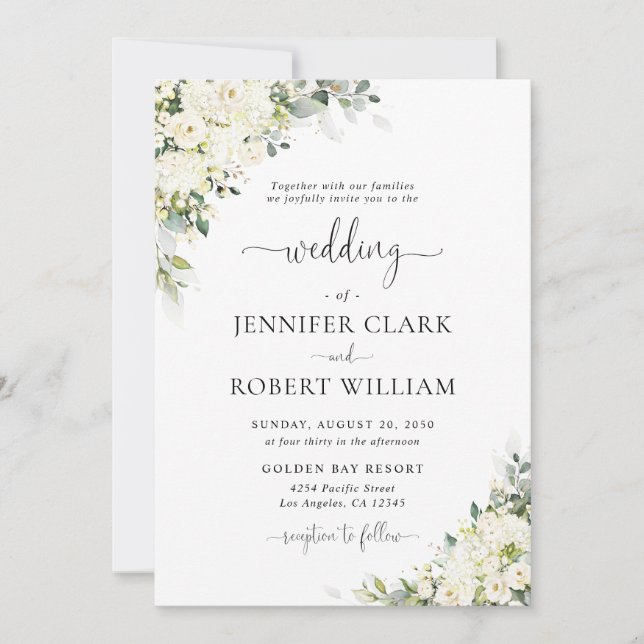 Faire invitation de mariage florale blanche élégan (Devant)