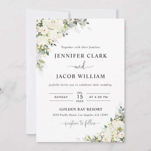 Faire invitation de mariage florale blanche élégan (Devant)