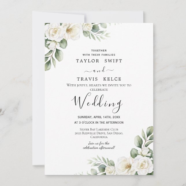 Faire invitation de mariage florale blanche élégan (Devant)