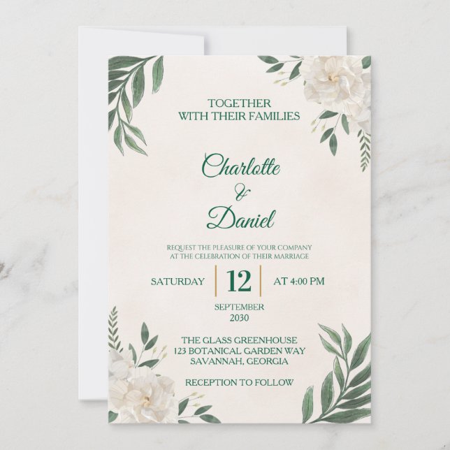 Faire invitation de mariage florale blanche Eucaly (Devant)