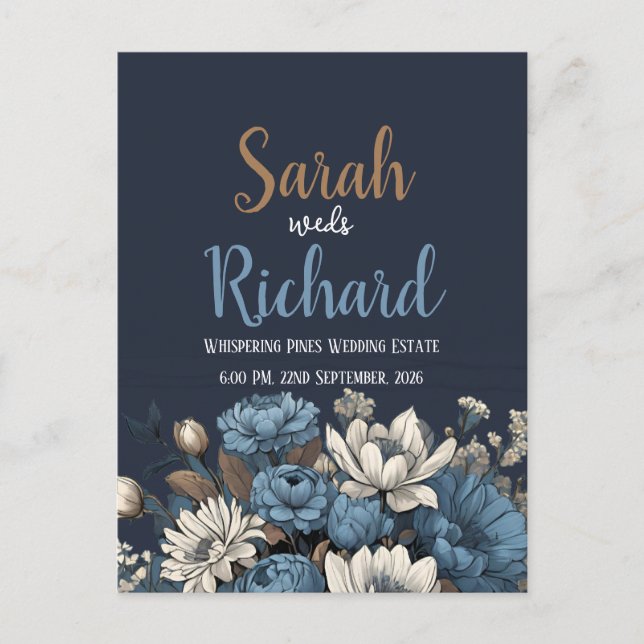 Faire invitation de mariage florale bleu marine (Devant)