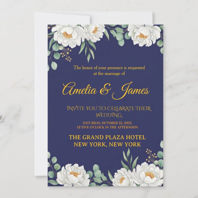 Faire Invitation de Mariage Florale Bleu Marine (Devant)