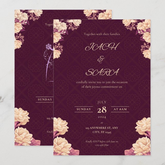 Faire invitation de mariage florale bordeaux et or (Devant / Derrière)