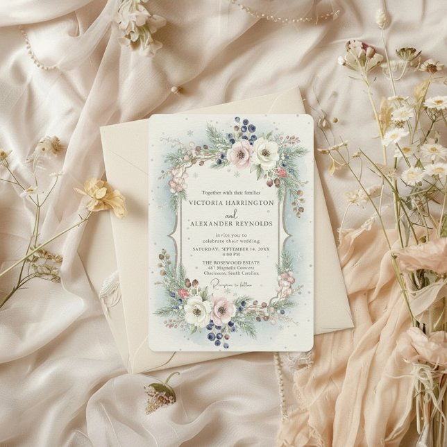 Faire invitation de mariage florale d'hiver élégan (winter wedding invitation showcases a soft floral wreath with blush flowers, winter greenery)