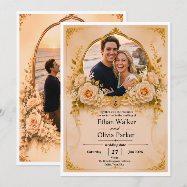 Faire invitation de mariage florale en or (Devant / Derrière)