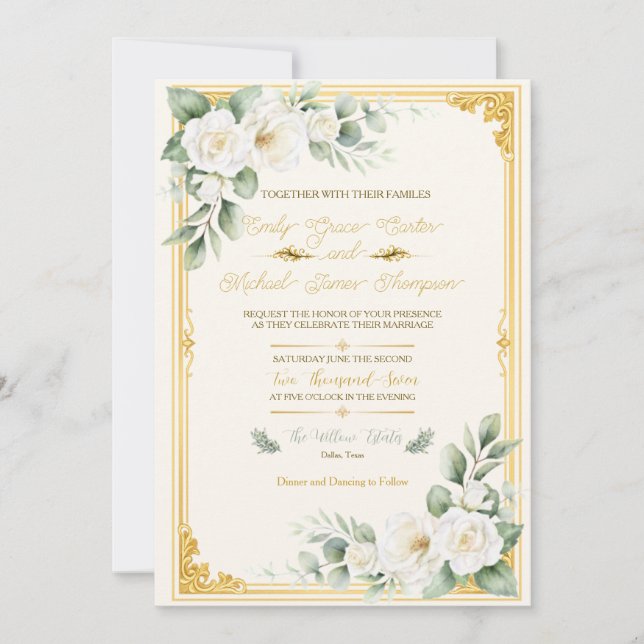 Faire invitation de mariage florale en or  (Devant)