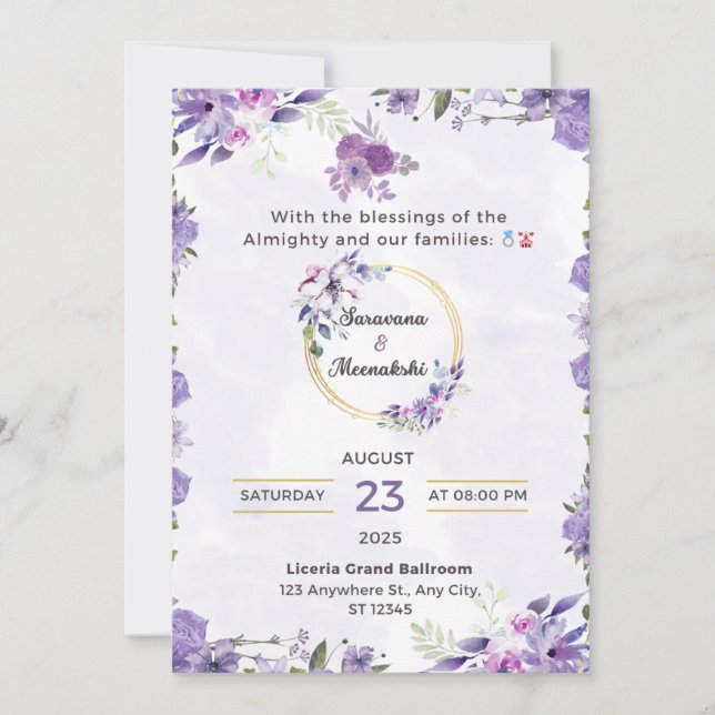 Faire invitation de mariage florale lavande (Devant)