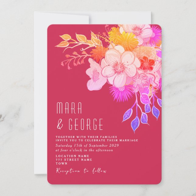 Faire invitation de mariage florale magenta (Devant)