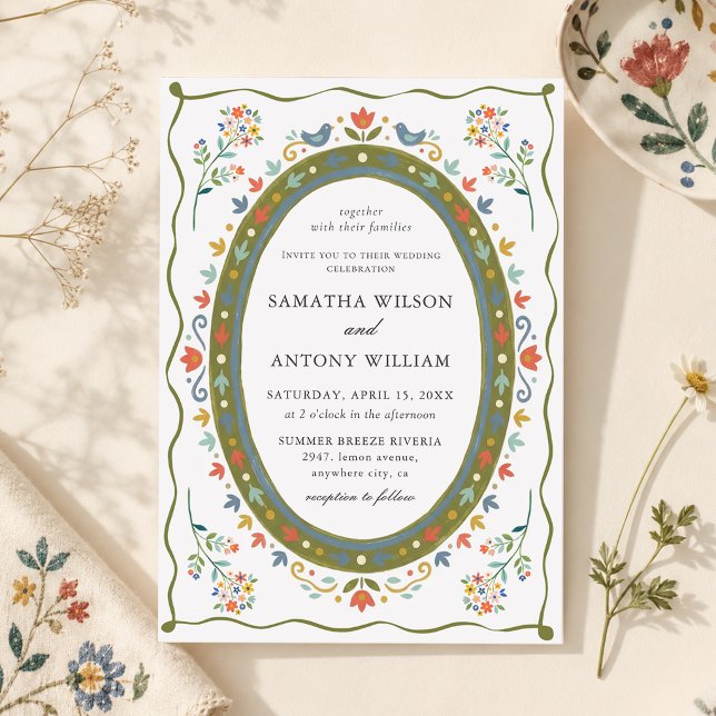 Faire invitation de mariage florale oiseaux folklo (Créateur téléchargé)
