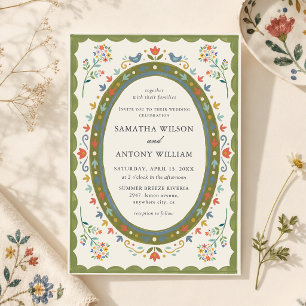 Faire invitation de mariage florale oiseaux folklo