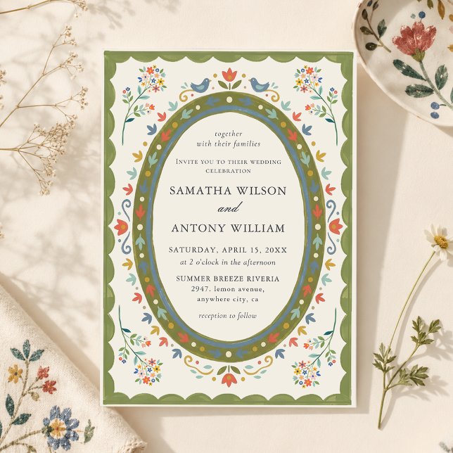 Faire invitation de mariage florale oiseaux folklo (Créateur téléchargé)