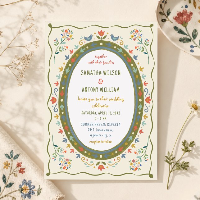 Faire invitation de mariage florale oiseaux folklo (Créateur téléchargé)