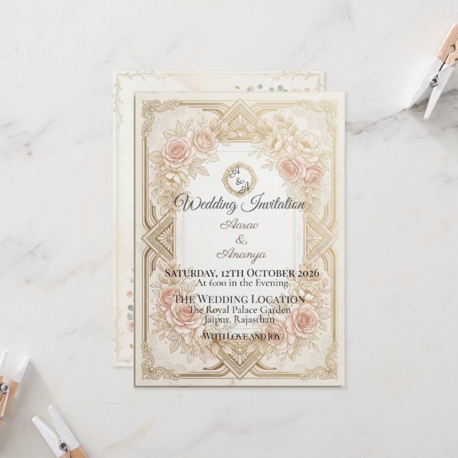 Faire invitation de mariage florale or | Modifiabl (Devant/Arrière en situation)