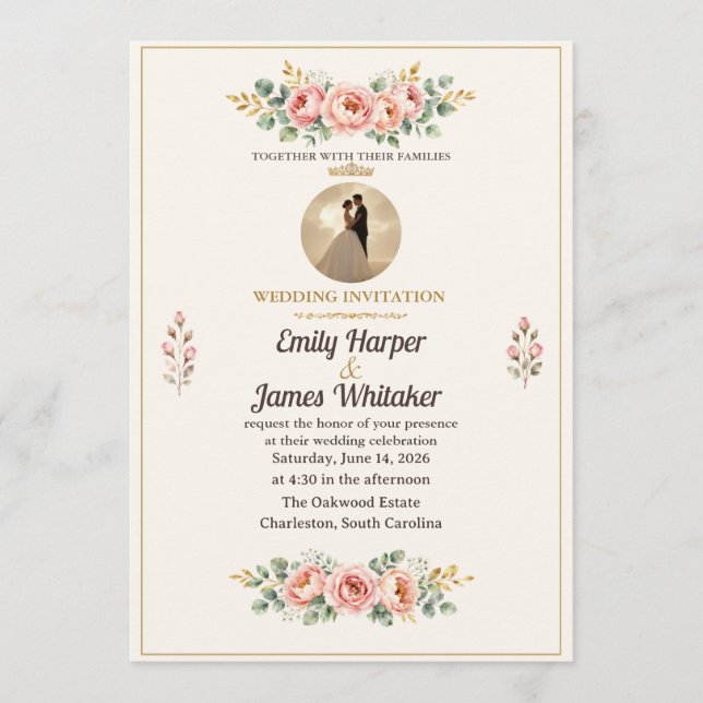 Faire invitation de mariage florale rose avec phot (Devant)