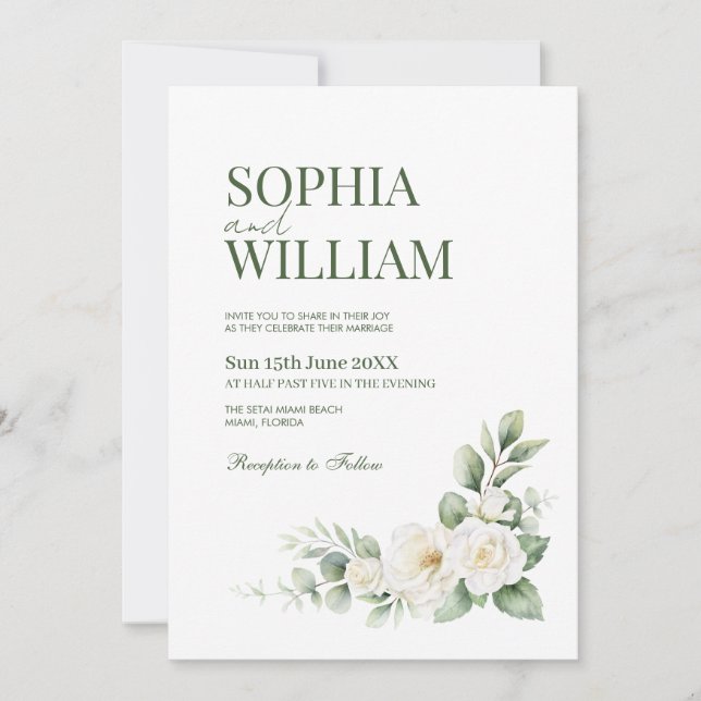 Faire invitation de mariage florale Rose Blanche É (Devant)