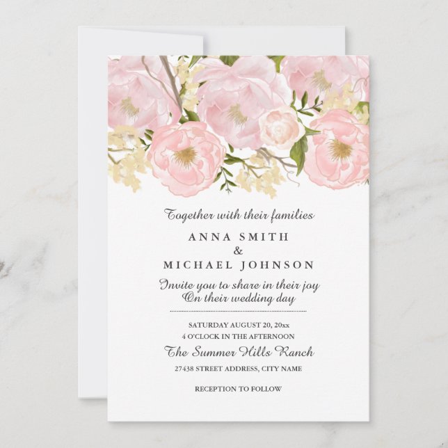 Faire invitation de mariage florale rose blush (Devant)