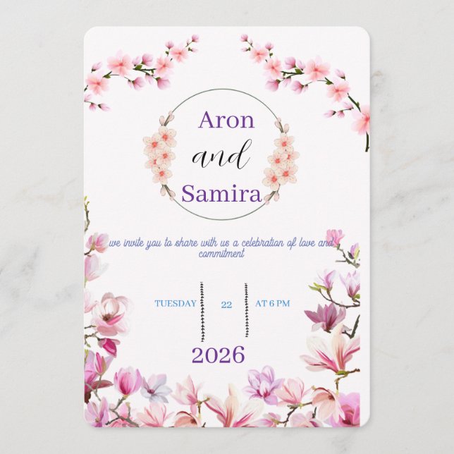Faire invitation de mariage florale rose magnolia  (Devant)