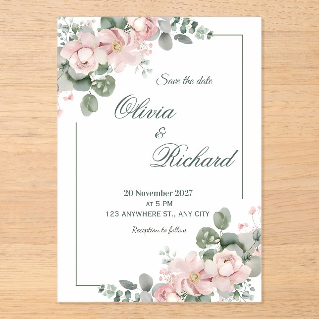 Faire invitation de mariage florale rose pâle (Recto)