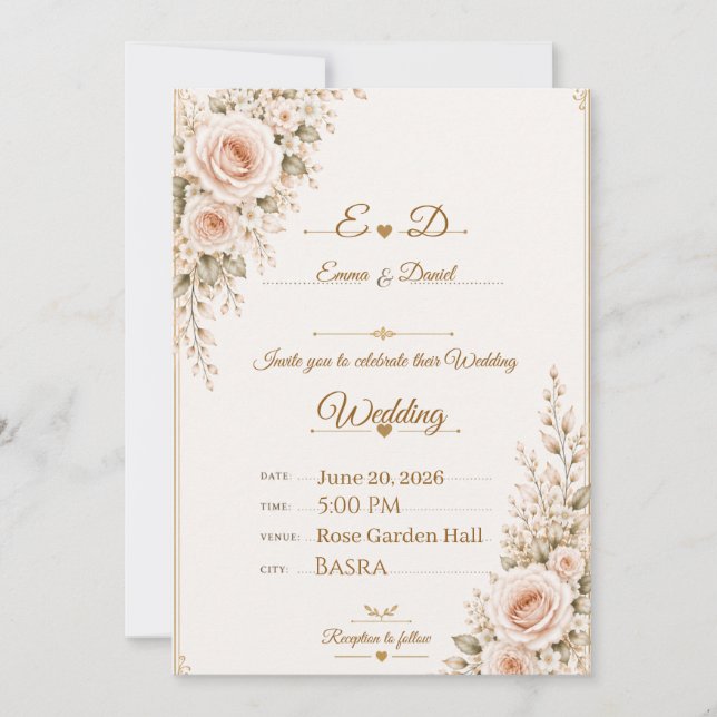 Faire invitation de mariage florale rose pâle élég (Devant)