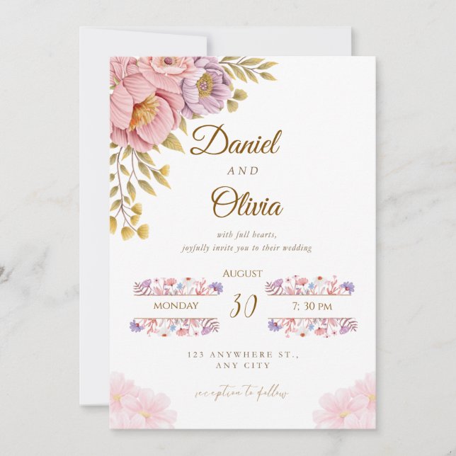 Faire invitation de mariage florale | Rose romanti (Devant)