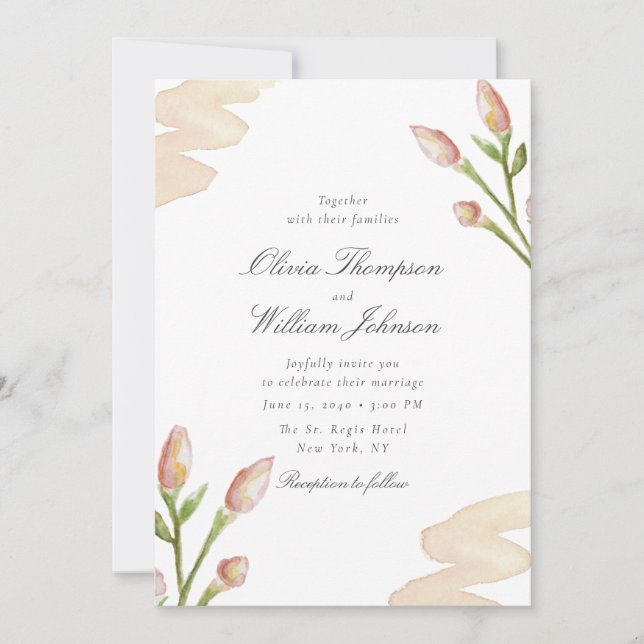 Faire invitation de mariage florale rose tendre mi (Devant)