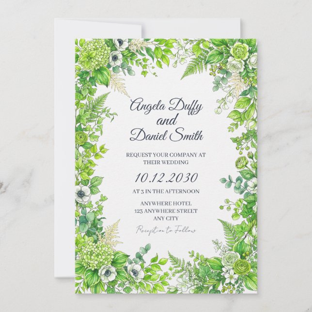 Faire invitation de mariage florale verte (Devant)