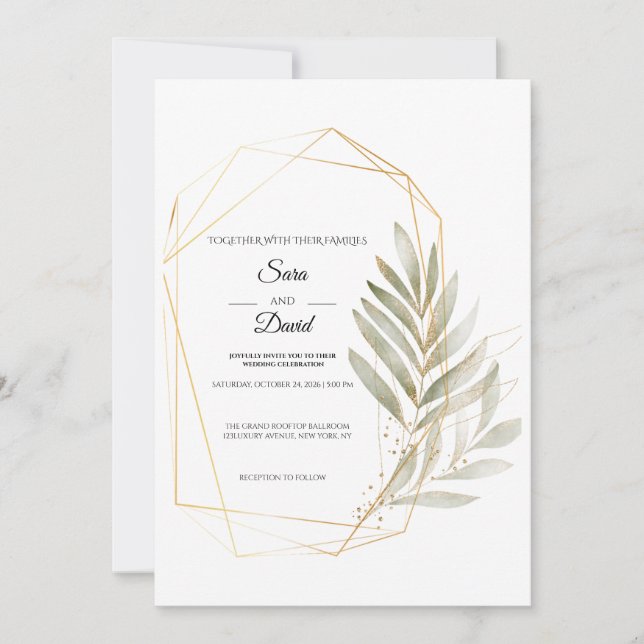 Faire Invitation de Mariage Géométrique Or et Verd (Devant)